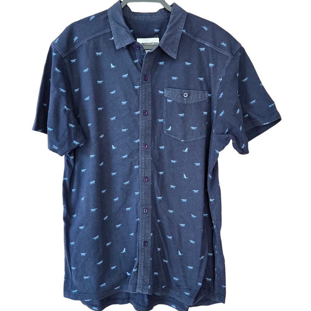 Mountain Khakis Men's Wolf Print Short Sleeve Polo Shirt M Blue Preppy Casual